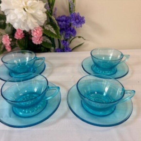 Hazel Atlas Turquoise Blue Glass Cup and Saucer Set Vintage Depression‎ Glass - Picture 3 of 6